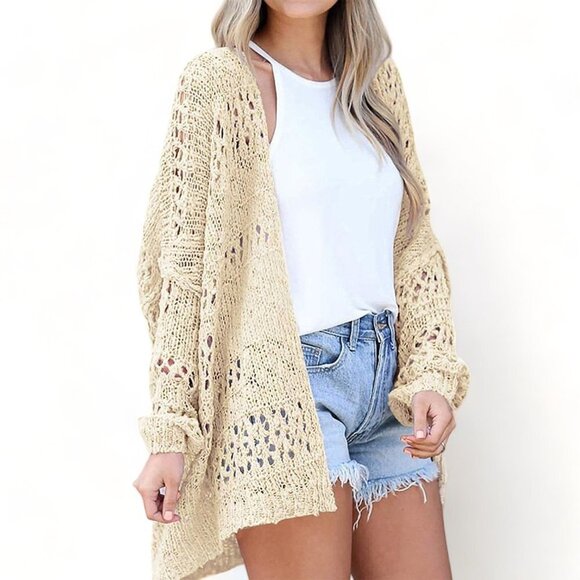 Sweaters - Cream Casual Hollowed Knit Dolman Sleeve Cardigan